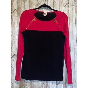 Women's Anne Klein Hot Pink Black Colorblock Zipper Detail Shirt Top Blouse Med